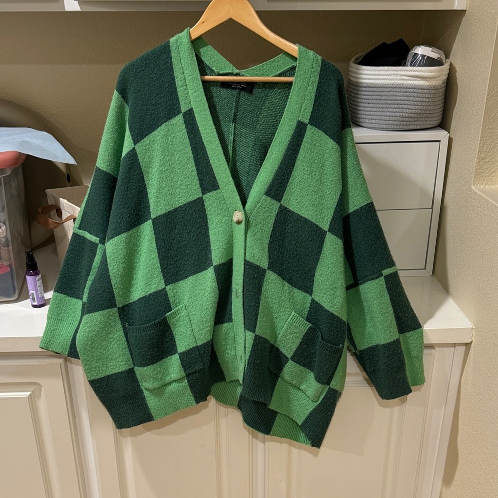 Dressed In LALA Love You Oversized Checkerboard Cardigan in Green Girl